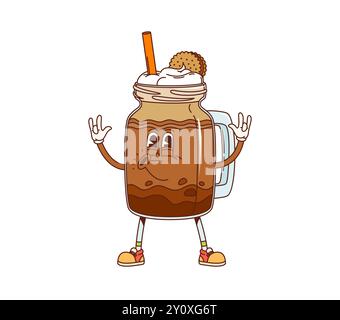 Retro-grooviger Schokoladen-Milchshake-Dessertcharakter. Isolierte Cartoon-Vektor-Drink-Persönlichkeit in mason-Glas mit Schlagsahne, Stroh und einem Keks oben, trägt rote Sneaker, gibt ein Rock-and-Roll-Zeichen Stock Vektor