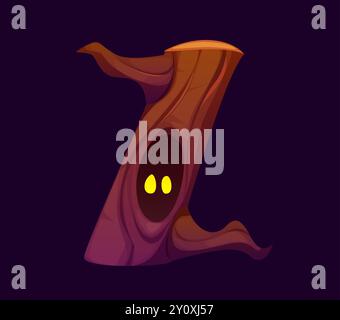 Letter Z Halloween Schriftart, teuflischer Zeichentyp, lustige gruselige Schriftart, gruseliger Großbuchstaben als gruseliger Spukbaum mit leuchtenden gelben Augen in der Höhle. Isolierte Vektorenglische abc-Typographie Stock Vektor