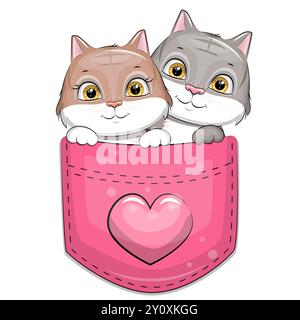 Niedliches Karikatur-Katzenpaar in rosa Tasche. Vektorillustration eines Tieres auf weißem Hintergrund. Stock Vektor