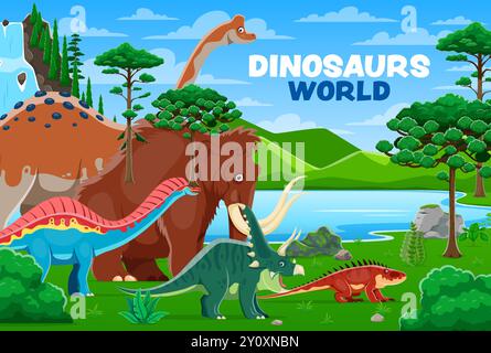 Kinderpark für prähistorische Dinosaurier. Vektor-Hintergrund mit Cartoon-Dino-Charakteren durchstreifen eine lebhafte Landschaft mit üppigen Farnen, hoch aufragenden Bäumen und klarem Teich. Verspielte Tiere in der uralten jurassischen Welt Stock Vektor