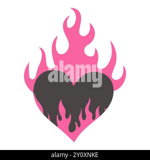 Herzflamme y2k Gothic Tattoo Neo Tribal isoliert auf weißem Hintergrund. Retro-Dekoration der 90er Jahre, Emo-Symbol. Liebe, romantische Form. Vektorabbildung Stock Vektor