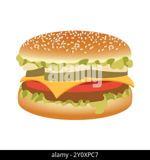 Cheeseburger Fastfood Flat Cartoon Symbol isoliert auf weiß. Hamburger Vektor-Illustration im Retro-Stil Stock Vektor