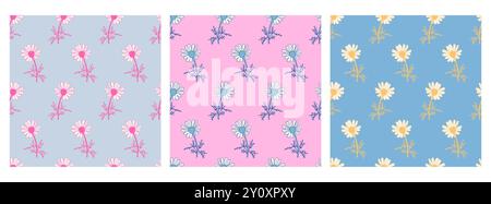 Set Mit Nahtlosen Mustern In Gänseblümchenblümchen Stock Vektor