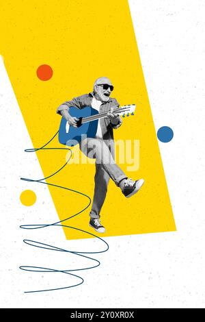 Kreative 3D Foto vertikale Grafik Collage Malerei von aufgeregtem funky Reifen Kerl spielt Gitarre isolierte Zeichnung Hintergrund Stockfoto