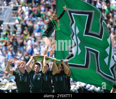 31. August 2024: Hawaii Cheerleader Avery Chai reitet das Surfbrett vor dem NCAA Football Spiel zwischen den UCLA Bruins und den University of Hawaii Rainbow Warriors im Clarence T.C. Ching Complex in Honolulu, Hawaii. Glenn Yoza/CSM (Credit Image: © Glenn Yoza/Cal Sport Media)(Credit Image: © Glenn Yoza/Cal Sport Media) Stockfoto