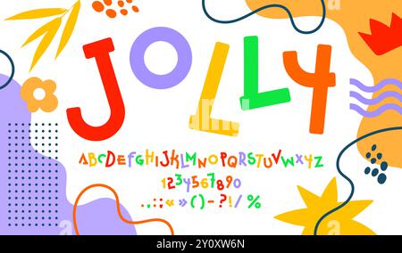 Lustige nette Schriftart, kreative Kinderspielart, Comic-Schriftart auf floralem Muster Vektor-Hintergrund. Funky Farbe englisches Alphabet Buchstaben und Zahlen Typografie Set. Kinder süße Schriftart, lustige abc-Charaktere Stock Vektor