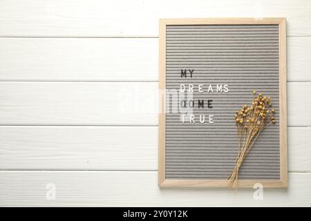 Brieftafel mit dem Satz My Dreams Come wahre und trockene Pflanzen auf weißem Holztisch, Blick von oben. Leerzeichen für Text Stockfoto