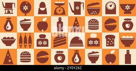 Muster mit Küchenutensilien und Essensthema in geometrischem, minimalistischem Stil. Illustration für Cover Design, Lebensmittelverpackung, Menü, Hintergrund, Café Wand, Co Stock Vektor