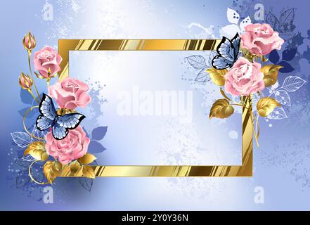 Goldenes, strukturiertes, rechteckiges Banner mit kunstvoll gezeichneten Rosen, zartem Rosa mit goldenen Blättern und Stielen auf blau strukturiertem Hintergrund Stock Vektor