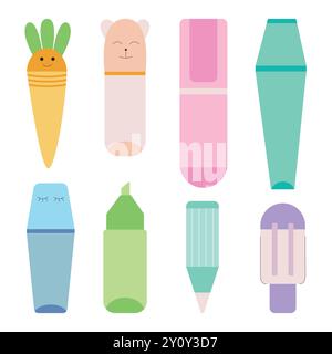 Marker Kawaii Flachvektorsatz Stock Vektor