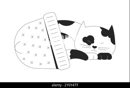 Niedliche Calico-Katze, die in einem schwarzen und weißen 2D-Zeichentrickfigur schläft Stock Vektor