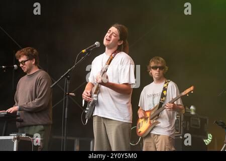 TAPIR!, KONZERT, 2024: Ike Gray von der Band Tapir! Spielen Sie die ummauerte Gartenbühne. Tag 3 des Green man Festivals 2024 im Glanusk Park, Brecon, Wales am 17. August 2024. Foto: Rob Watkins. INFO: Tapir! Ist eine Indie-Folk-Band aus London, die 2019 gegründet wurde. Sie sind bekannt für ihre Mischung aus Volksmusik mit Genres wie Post-Punk und Art Pop. Stockfoto