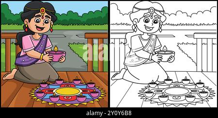 Diwali-Mädchen hält eine Diyas-Färbung-Illustration Stock Vektor