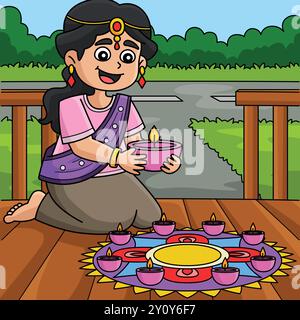 Diwali-Mädchen hält einen Diyas-farbigen Cartoon Stock Vektor