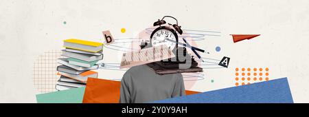 Trend-Artwork Composite Sketch Foto Collage von Mann Porträt kopflos überladene Uhr Deadline Schreibmaschine Maschinenstapel Buch Arbeitsbereich Stockfoto