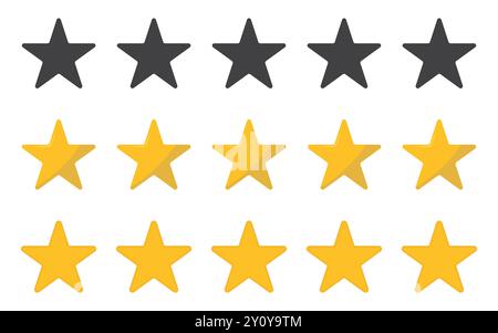 Symbolsatz mit schwarzen und gelben Sternen. Fünf Sterne bei der Bewertung von Kundenbewertungen. Feedback-Symbol für App und Website. Stock Vektor