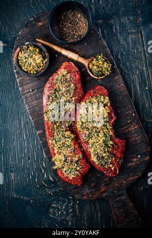 Zwei rohe Rindersteaks, mariniert mit Kräutern und Gewürzen Stockfoto