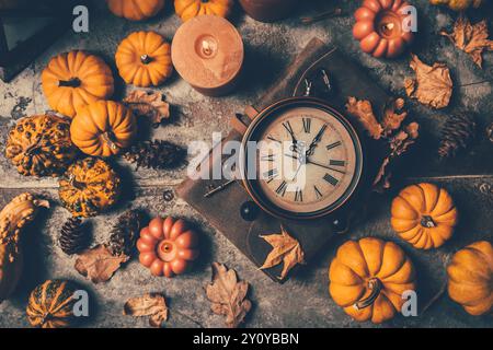Festliches Herbststillleben mit Vintage-Alarm, Kürbissen und Kerzen auf hölzerner Oberfläche auf braunem Hintergrund Stockfoto
