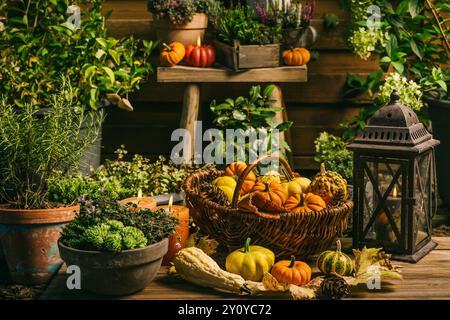 Wunderschöne Herbstterrasse und Terrassendekoration mit Kürbissen, Laterne, Pflanzen und Blumen Stockfoto