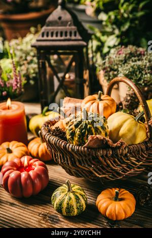 Wunderschöne Herbstterrasse und Terrassendekoration mit Kürbissen, Laterne, Pflanzen und Blumen Stockfoto