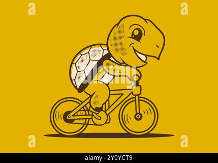 Niedliche Schildkröte im Retro-Stil, die auf einem Fahrradmaskottchen mit Illustrationsdesign fährt Stock Vektor