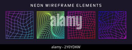 Bunte Drahtmodellformen, gefüttertes perspektivisches Netz, 3D-Raster. Geometrische Elemente mit niedrigem Poly. Futuristische Retro-Designelemente, y2k, Vaporwave und Stock Vektor