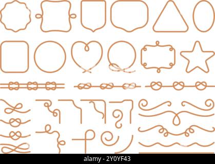 Rahmenbegrenzungen aus Seilen. Zeichentrick-String-Randform, Schnur Runde quadratische Rahmen und Ecke nautische Knoten Lasso Loop Vintage Kurve Kabel verziert Fiber Thread Set Swanky Vektor Illustration Original Artwork Stock Vektor