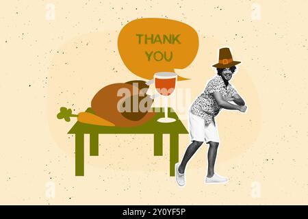 Composite Photo Collage des glücklichen amerikanischen Mannes Tanz Thanksgiving Anlass geröstetes pute Kürbissaftglas isoliert auf gemaltem Hintergrund Stockfoto