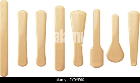 Realistische Stiele. 3d Eis Sticks Holz Stock verschiedene Form, Craft Eis Zunge Holz Textur Lolly Hand Sticks Pop Sticked gefrorenes Dessert, exakte Vektor Illustration Original Artwork Stock Vektor