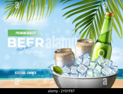 Eisbierdose. Gefrorene Alkohol Soda Getränk Aluminiumdosen mit Eiswürfeln im Eimer, Erfrischungsgetränk Branding Produktverpackung Werbung realistische 3D genaue Vektor Illustration Original Artwork Stock Vektor