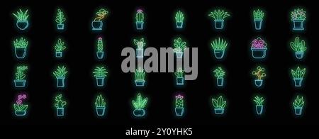 Set aus farbenfrohen Neonsymbolen, die Topfpflanzen darstellen, einschließlich Kakteen, Bonsai, Aloe Vera und mehr Stock Vektor