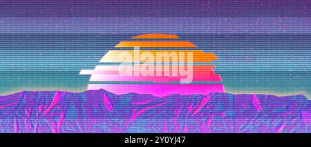 Neue Illustration im Retro-Wave-Stil. Holographisches, glänzendes Foliengelände mit Laser-Sonnenuntergang. Hellneonfarbener Hintergrund für Flyer, Cover, Broschüre. Stockfoto