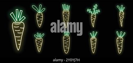 Leuchtende Neonsymbole aus Karotten mit Blättern in verschiedenen Formen schaffen eine verspielte und lebendige Atmosphäre Stock Vektor