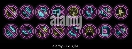 Neon-Leuchtsymbole ohne Ton, Geräusche, Stimme, Sprechen, Klingelzeichen mit bearbeitbarem Strich Stock Vektor