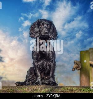 Englischer Cocker Spaniel sitzt an einer Wand mit blauem Himmel Stockfoto