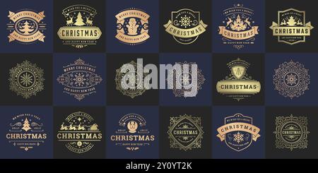 Weihnachtsvektor Typografie verzierte Etiketten und Abzeichen, frohes neues Jahr und Winterferien Wünsche für Grußkarte, Geschenk und Banner, Designelemente se Stock Vektor