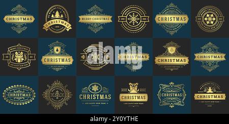 Weihnachtsvektor Typografie verzierte Etiketten und Abzeichen, frohes neues Jahr und Winterferien Wünsche für Grußkarte, Geschenk und Banner, Designelemente se Stock Vektor
