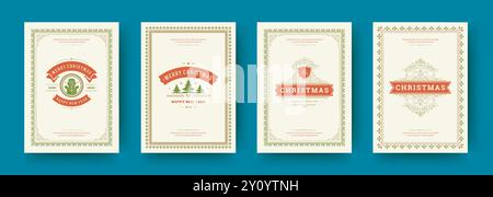 Weihnachtskarten Vintage typografisches Design, verzierte Dekorationssymbole mit Winterferien, Blumenschmuck und florale Rahmen. Vektorillus Stock Vektor