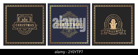 Quadratische Weihnachtsbanner im typografischen Vintage-Design, verzierte Dekorationssymbole mit winterlichen Feiertagswünschen, Blumenschmuck und blühende Rahmen. Vec Stock Vektor