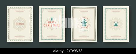 Weihnachtskarten Vintage typografisches Design, verzierte Dekorationssymbole mit Winterferien, Blumenschmuck und florale Rahmen. Vektorillus Stock Vektor
