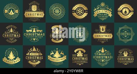 Weihnachtsvektor Typografie verzierte Etiketten und Abzeichen, frohes neues Jahr und Winterferien Wünsche für Grußkarte, Geschenk und Banner, Designelemente se Stock Vektor