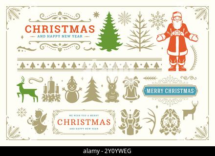Weihnachtsvektor-Dekorationssymbole mit verzierten Wirbeln und Ikonen für Etiketten, Banner und Grußkarten, Design-Elemente mit Ornamenten. Vektoril Stock Vektor
