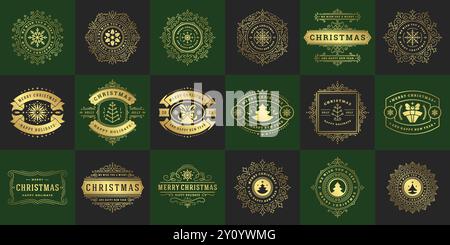 Weihnachtsvektor Typografie verzierte Etiketten und Abzeichen, frohes neues Jahr und Winterferien Wünsche für Grußkarte, Geschenk und Banner, Designelemente se Stock Vektor