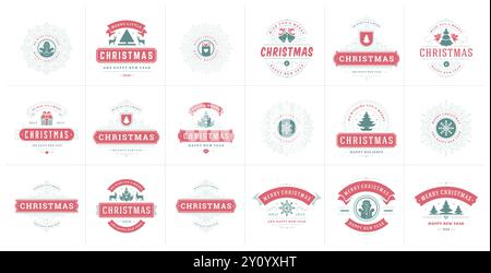 Weihnachtsvektor Typografie verzierte Etiketten und Abzeichen, frohes neues Jahr und Winterferien Wünsche für Grußkarte, Geschenk und Banner, Designelemente se Stock Vektor