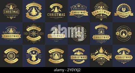 Weihnachtsvektor Typografie verzierte Etiketten und Abzeichen, frohes neues Jahr und Winterferien Wünsche für Grußkarte, Geschenk und Banner, Designelemente se Stock Vektor