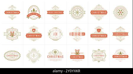Weihnachtsvektor Typografie verzierte Etiketten und Abzeichen, frohes neues Jahr und Winterferien Wünsche für Grußkarte, Geschenk und Banner, Designelemente se Stock Vektor