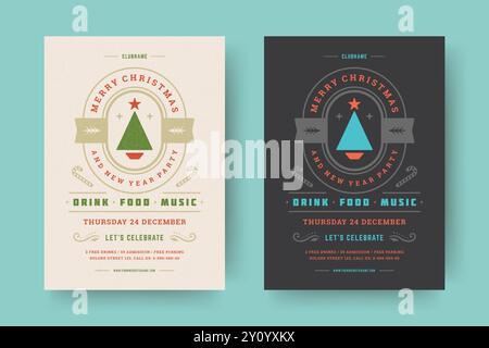 Weihnachtsfeier Flyer Event Vintage Typografie und Dekorationselemente. Einladung zu Weihnachtsfeiertagen oder Posterdesign. Vektorabbildung. Stock Vektor
