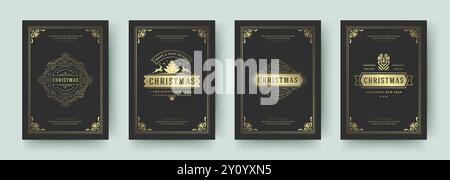 Weihnachtsgrußkarten im Vintage-Typografie-Design, verzierte Dekorationssymbole mit winterlichen Feiertagswünschen, Blumenschmuck und blühende Rahmen. Stock Vektor