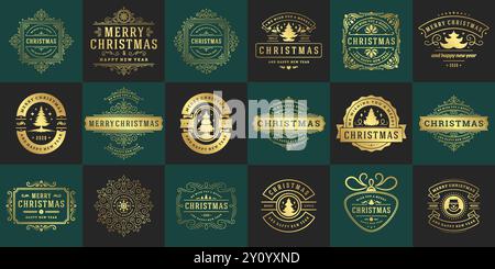 Weihnachtsvektor Typografie verzierte Etiketten und Abzeichen, frohes neues Jahr und Winterferien Wünsche für Grußkarte, Geschenk und Banner, Designelemente se Stock Vektor