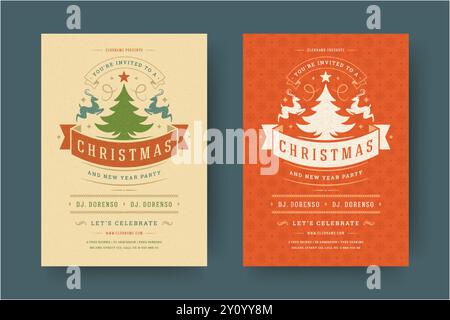 Weihnachtsfeier Flyer Event Vintage Typografie und Dekorationselemente. Einladung zu Weihnachtsfeiertagen oder Posterdesign. Vektorabbildung. Stock Vektor